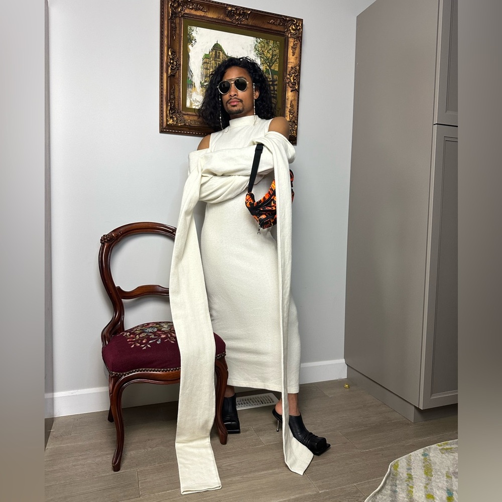 WINNIE NYC Runway Unisex Cream Sheath Alpaca Maxi Dress with Crew Neck